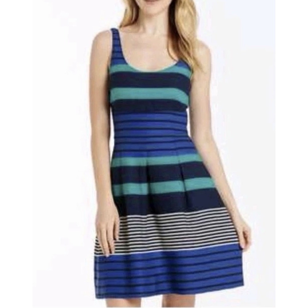 Ann Taylor Loft Dress Blue and Navy and Green Stripe Sheath Dress Sz 12P Preppy